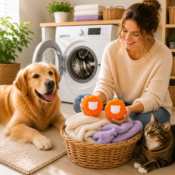 Reusable orange pet hair remover laundry balls 2 pack with clean towels beside a washing machine as a pet owner relaxes with a Golden Retriever and tabby cat in a bright family home