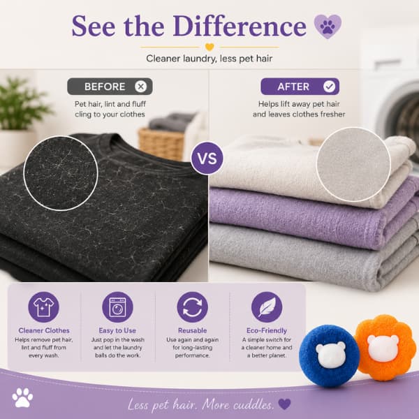 Before and after comparison showing reusable pet hair remover laundry balls helping reduce dog and cat hair, lint and fluff from clothes for cleaner everyday laundry