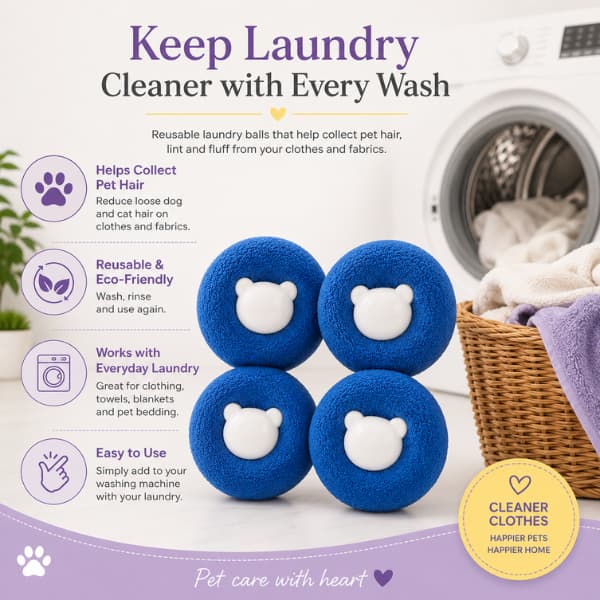 Reusable pet hair remover laundry balls benefits infographic showing how they help collect pet hair, reduce lint, work with everyday laundry and can be reused after every wash