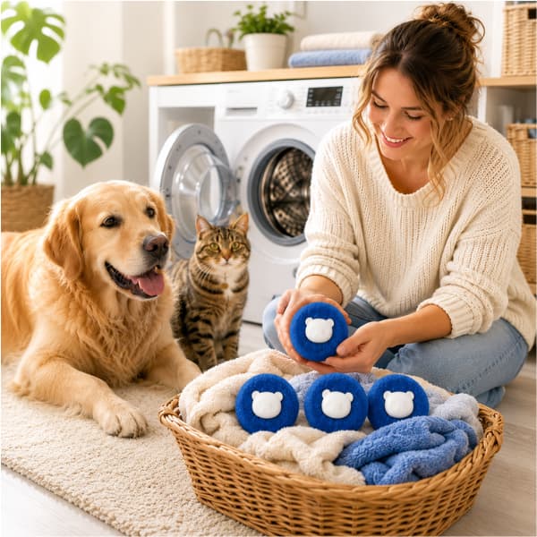 Reusable blue pet hair remover laundry balls with clean towels beside a washing machine as a pet owner relaxes with a Golden Retriever and tabby cat in a bright family home