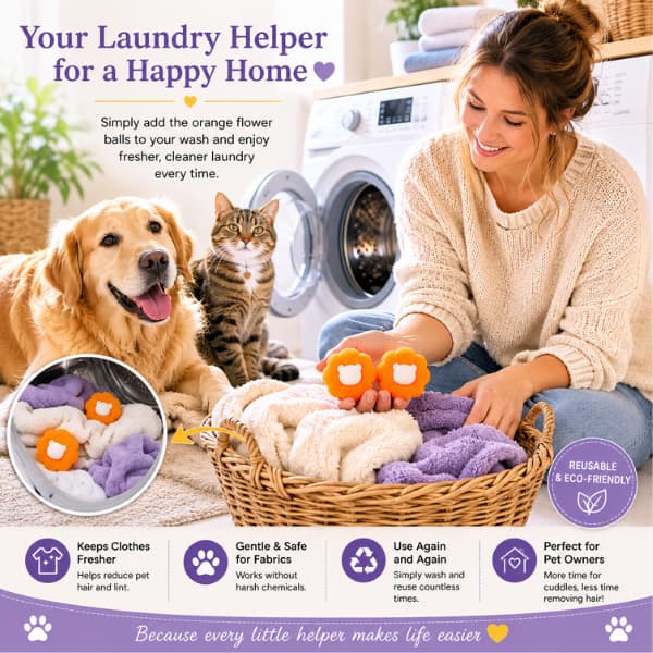 Pet owner using reusable orange pet hair remover laundry balls with clean towels beside a washing machine while relaxing with a Golden Retriever and tabby cat at home