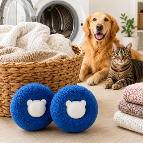 Reusable pet hair remover laundry balls beside a washing machine with clean towels, a Golden Retriever and tabby cat helping reduce pet hair on clothes and pet bedding