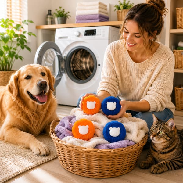 Reusable pet hair remover laundry balls in mixed blue and orange colours with clean towels beside a washing machine as a pet owner relaxes with a Golden Retriever and tabby cat in a bright family home