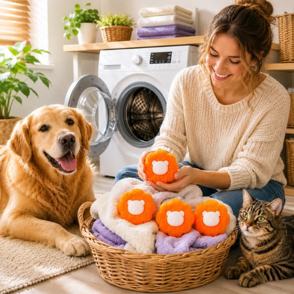 Reusable orange pet hair remover laundry balls with clean towels beside a washing machine as a pet owner relaxes with a Golden Retriever and tabby cat in a bright family home