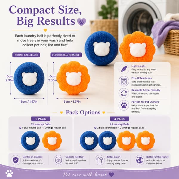 Reusable pet hair remover laundry balls size guide showing 6 cm x 5 cm dimensions with 2 pack and 4 pack options for removing dog and cat hair from clothes and pet bedding