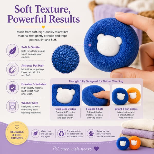 Close-up of reusable pet hair remover laundry balls showing the soft microfibre texture that helps collect dog and cat hair, lint and fluff while remaining gentle on clothes