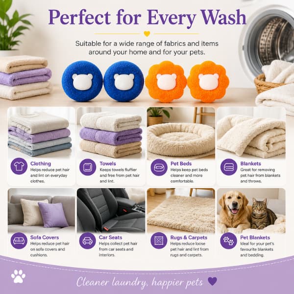 Reusable pet hair remover laundry balls infographic showing they are suitable for clothing, towels, pet beds, blankets, sofa covers, rugs and everyday household laundry