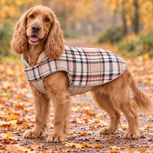 Golden cocker spaniel wearing a beige checked reversible dog coat on an autumn park path.