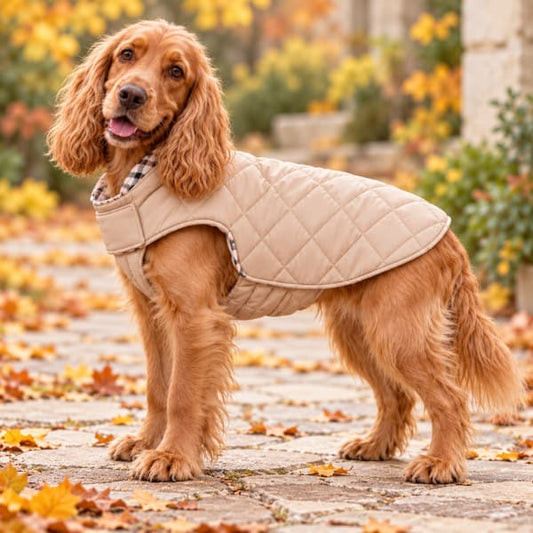 Golden cocker spaniel wearing the beige quilted side of a reversible dog coat, with checked fabric visible inside the collar.