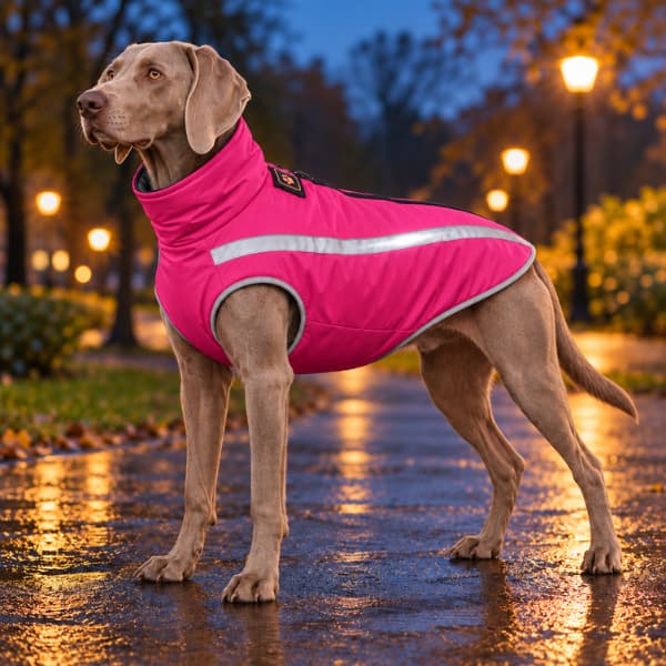 Weimaraner wearing a rose-pink waterproof reflective winter dog coat on an evening park walk