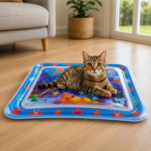 Tabby cat relaxing on a sensory water play mat indoors for cooling comfort and interactive enrichment