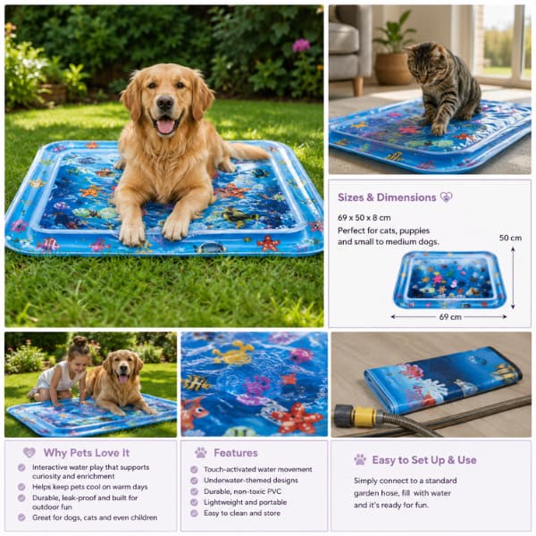 Sensory water play mat feature guide showing size, setup, cooling benefits and interactive play for dogs and cats