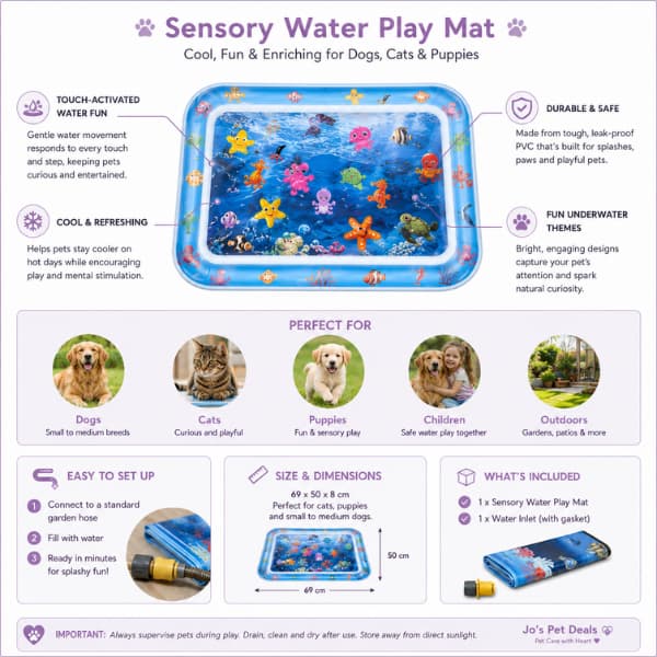 Sensory water play mat guide showing features, size, setup and cooling benefits for dogs, cats and puppies