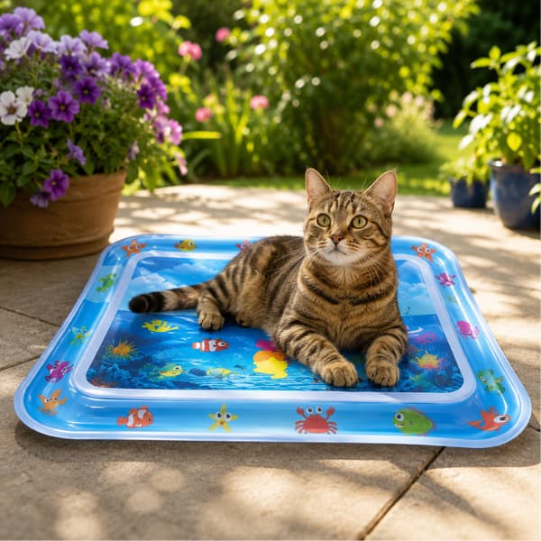 Tabby cat relaxing on the ocean design sensory water play mat in a sunny garden