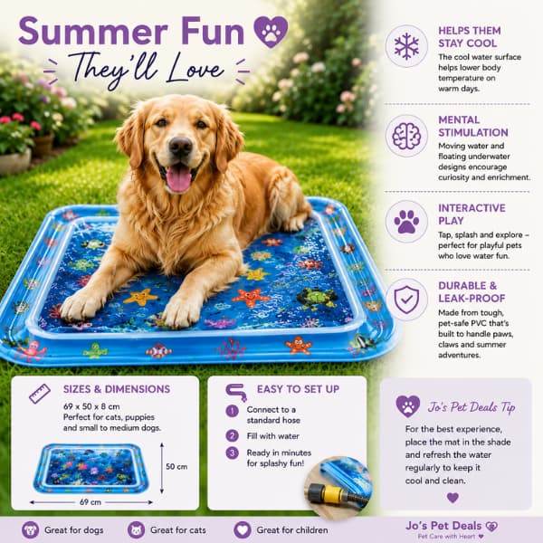 Dog enjoying a sensory water play mat with cooling features and summer enrichment benefits