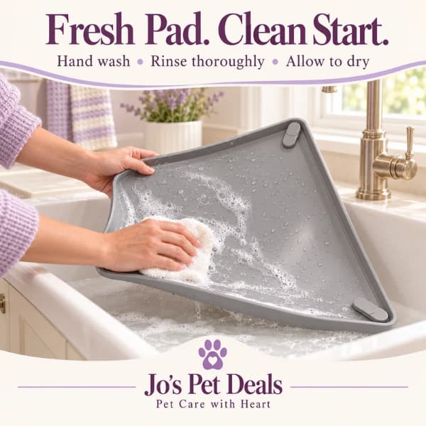 Grey silicone puppy pad holder being hand washed in a utility sink, with instructions to rinse thoroughly and allow to dry.