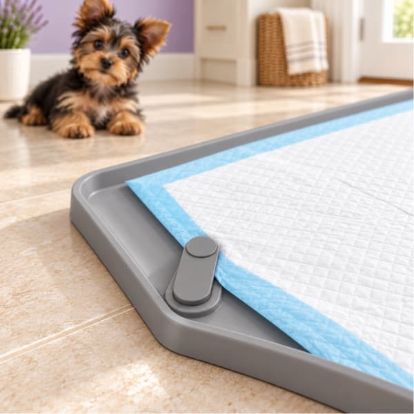 Close-up of a grey silicone corner fastening holding a blue-edged training pad, with a Yorkshire Terrier puppy in the background.