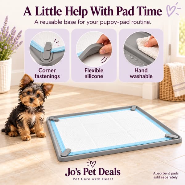 Yorkshire Terrier puppy beside a grey pad holder, with close-ups highlighting corner fastenings, flexible silicone and hand washing.