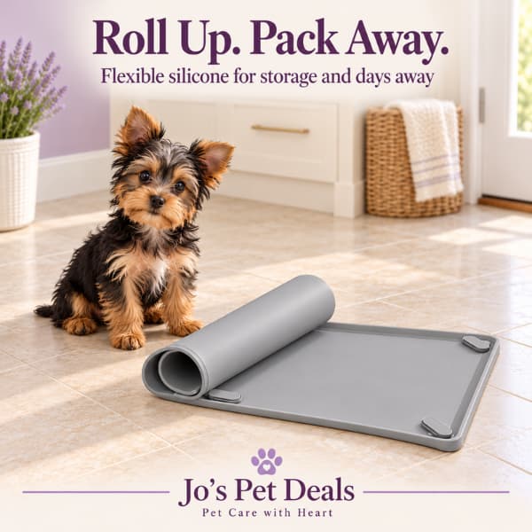 Yorkshire Terrier puppy beside a partially rolled grey silicone pad holder, showing its flexible design for storage.