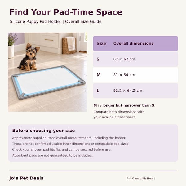 Silicone puppy pad holder size guide showing overall dimensions: S 62 × 62 cm, M 81 × 54 cm and L 92.2 × 64.2 cm, beside a Yorkshire Terrier puppy.