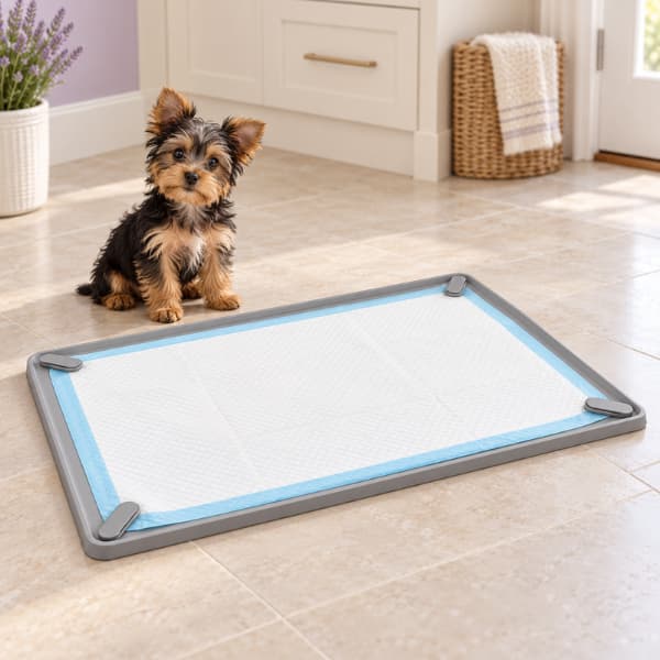 Yorkshire Terrier puppy beside a grey silicone pad holder with four corner fastenings securing a white training pad on a tiled floor.