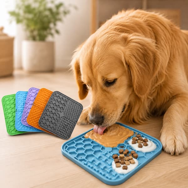 Golden retriever using a colorful silicone slow feeder lick mat designed to support calmer eating and mental stimulation for dogs