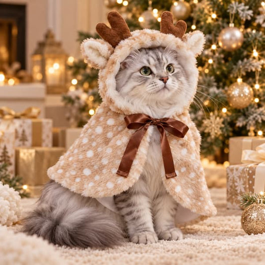 Silver tabby cat wearing a plush beige Christmas reindeer cape with antlers and brown satin bow