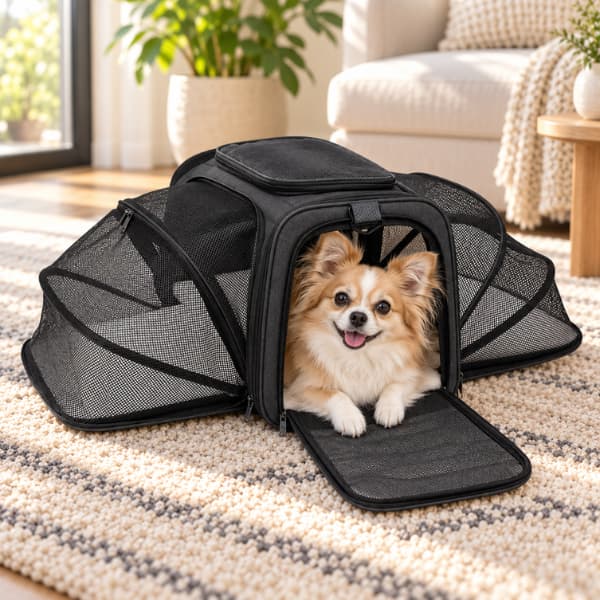 Small dog relaxing inside a black expandable pet carrier with breathable mesh side panels