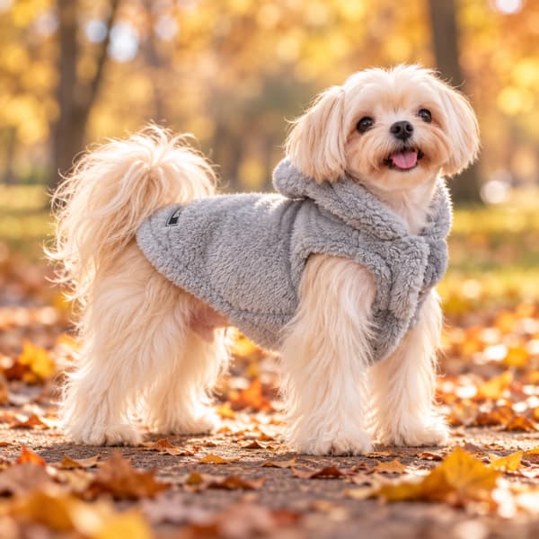 Small cream dog wearing a grey cosy fleece pet hoodie on an autumn park walk