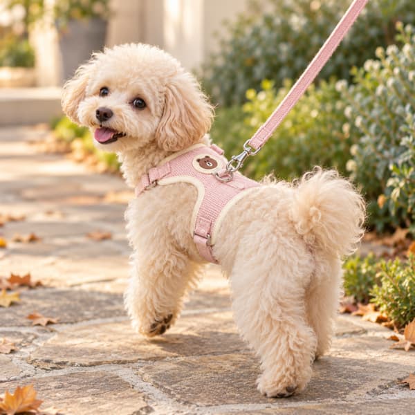 Small cream dog wearing a pink adjustable harness with matching leash on a garden walk.
