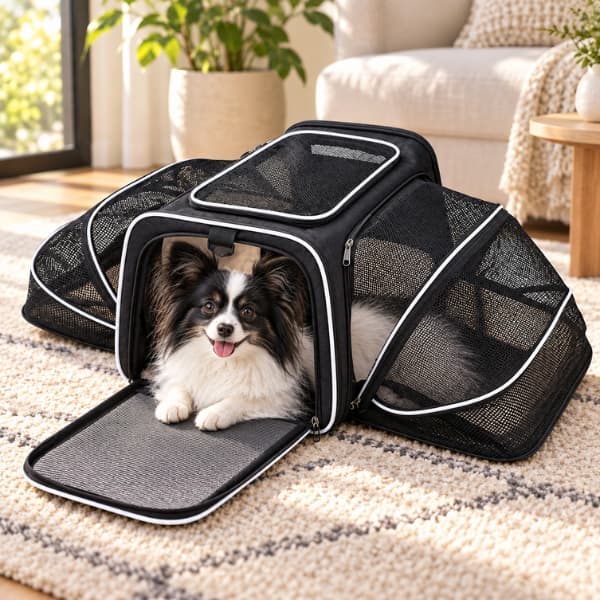 Small black and white dog relaxing inside a black expandable pet carrier with white trim and breathable mesh sides