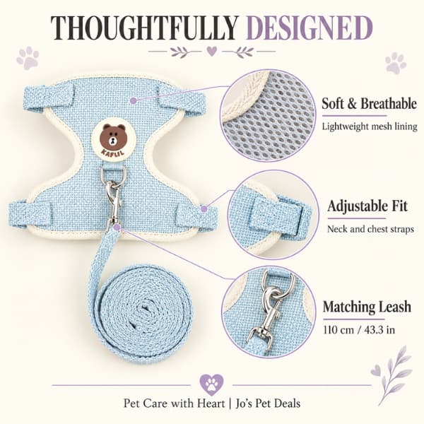 Blue cat harness and matching leash showing breathable mesh, adjustable straps and metal clip.
