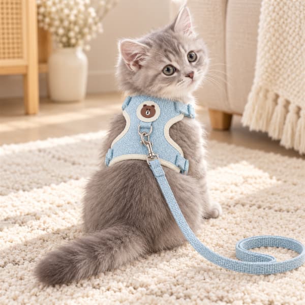 Grey kitten wearing a soft blue adjustable harness with matching leash in a cosy home.