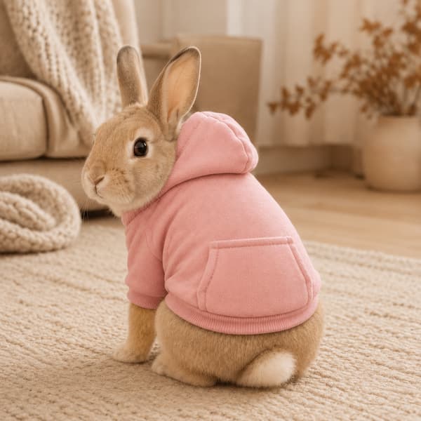 Light tan rabbit wearing a soft pink fleece hoodie with a rear kangaroo pocket indoors