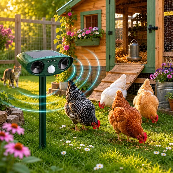 Solar powered ultrasonic animal repeller protecting backyard chickens near a wooden chicken coop in a secure outdoor garden setting.