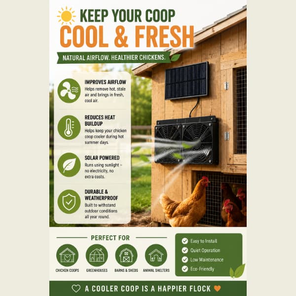 Infographic showing the benefits of a solar powered chicken coop fan system for improving airflow, reducing heat buildup, and helping keep backyard chickens cooler during summer