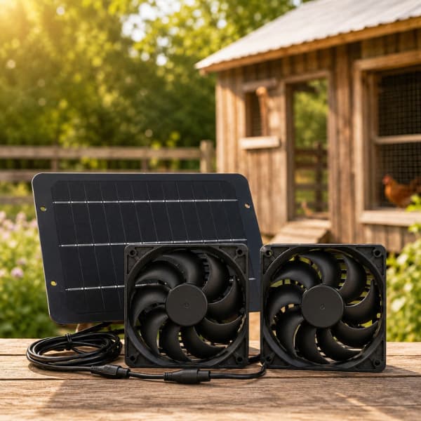 Premium solar powered chicken coop fan kit with dual ventilation fans and solar panel for improving airflow and cooling backyard chicken coops during summer