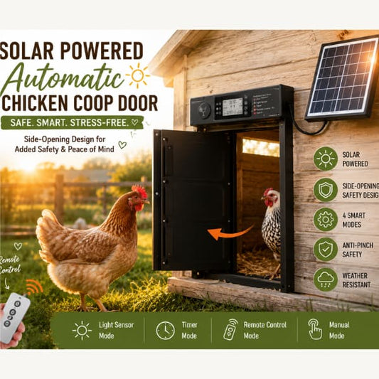 Solar powered automatic chicken coop door with side-opening safety design, remote control, timer mode, and anti-pinch protection for backyard chickens