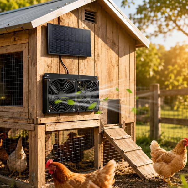 Solar powered chicken coop ventilation fan installed on a backyard coop to help improve airflow and keep chickens cooler during hot summer weather