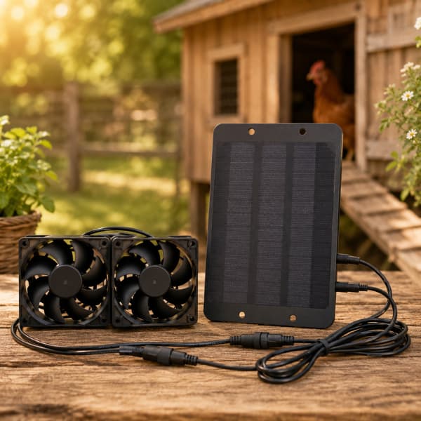Solar powered chicken coop fan kit with dual cooling fans and solar panel displayed in a backyard farm setting for summer chicken coop ventilation