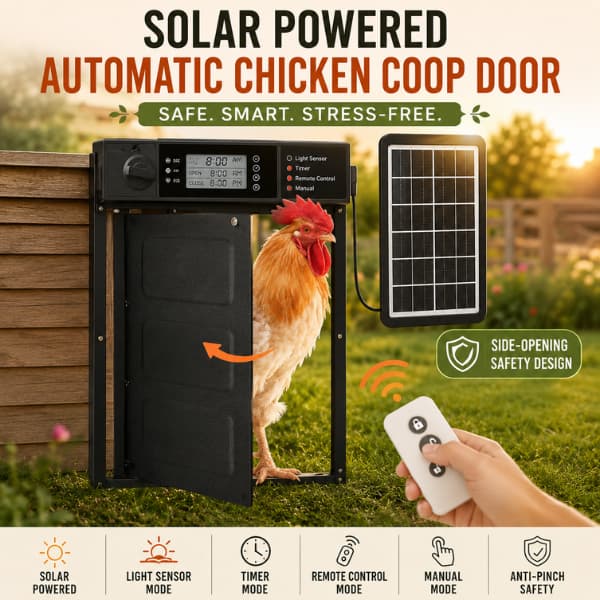 Premium solar powered automatic chicken coop door with side-opening safety design, remote control, timer settings, and anti-pinch protection for backyard chickens