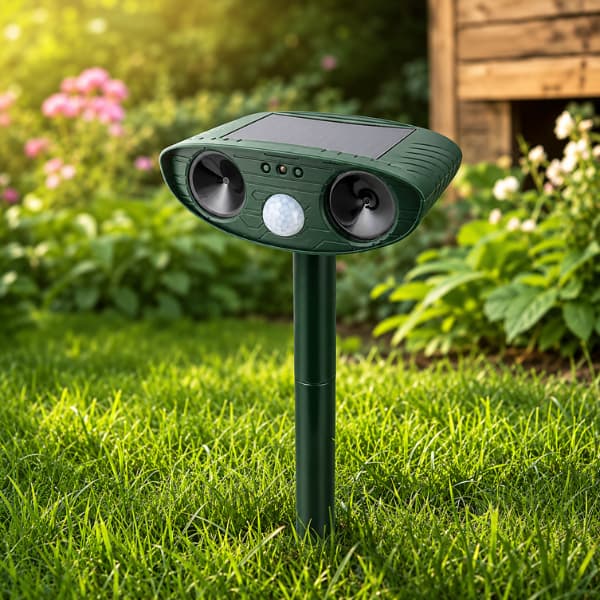 Solar powered ultrasonic animal repeller placed in a garden lawn near a chicken coop to help deter unwanted animals and protect outdoor spaces.