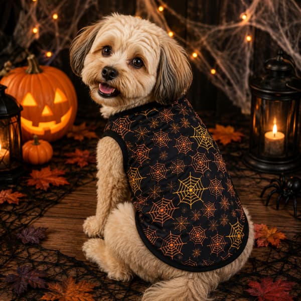 Small dog wearing black Halloween pet vest with orange spider web print