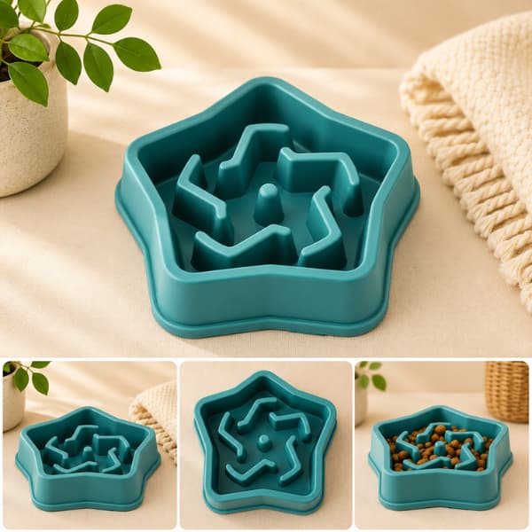 Premium teal star-shaped slow feeder bowl for dogs and puppies designed to encourage slower eating and healthier digestion