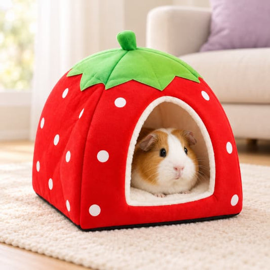 Golden-and-white guinea pig peeking out of a red strawberry-shaped hideaway with a green leafy top and cream plush lining.