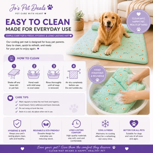 Summer cooling pet mat care guide showing how to hand wash, air dry and keep the breathable cooling mat clean for dogs and cats
