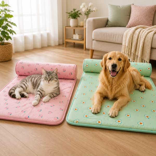 Summer cooling pet mat with supportive headrest for dogs and cats shown in pink and green colours in a modern living room