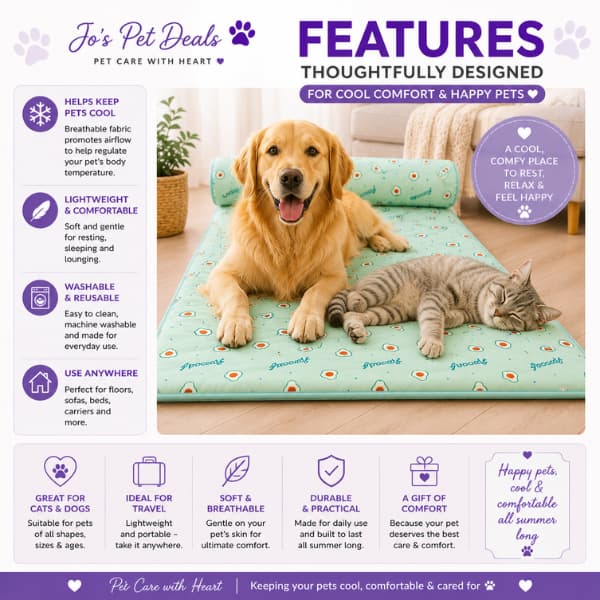 Summer cooling pet mat features guide showing breathable washable fabric, supportive headrest and lightweight comfort for dogs and cats