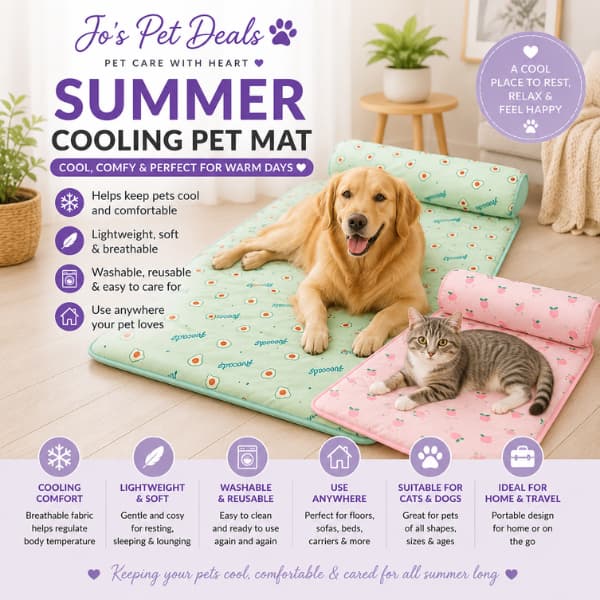 Summer cooling pet mat for dogs and cats with supportive headrest, breathable washable fabric and soft comfort for warm weather