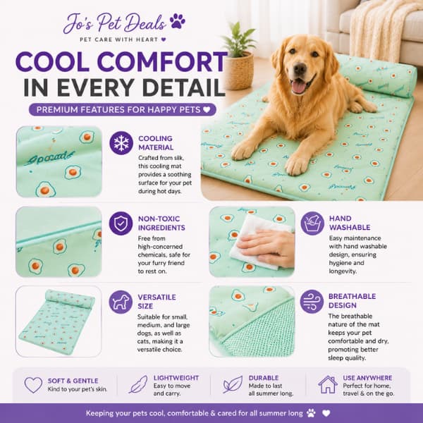 Summer cooling pet mat material guide showing breathable cooling fabric, non-toxic washable materials and supportive comfort for dogs and cats